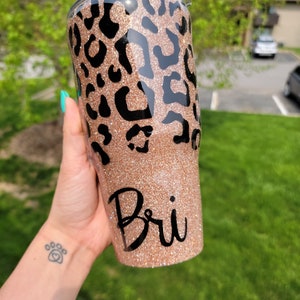 Personalized Leopard Print Glitter Tumbler - Customizable Glitter Tumbler - Name Leopard Print Metal Tumbler - Tumbler for Her -