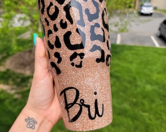 Personalized Leopard Print Glitter Tumbler - Customizable Glitter Tumbler - Name Leopard Print Metal Tumbler - Tumbler for Her -