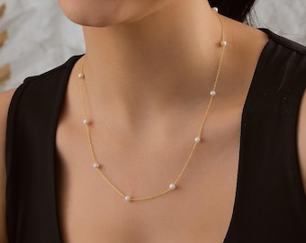 14k Gold Pearl Necklace, Dainty Freshwater Pearl Necklace, Tiny Pearl Necklace, Bridesmaid Gifts,QW32