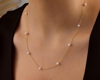 14k Gold Pearl Necklace, Dainty Freshwater Pearl Necklace, Tiny Pearl Necklace, Bridesmaid Gifts,QW32