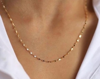 Flat Link Chain Gold Necklace 14K Gold Glitter Chain Necklace Minimalist Necklace 14K Solid Gold Chain Necklace Sparkle Chain Necklace