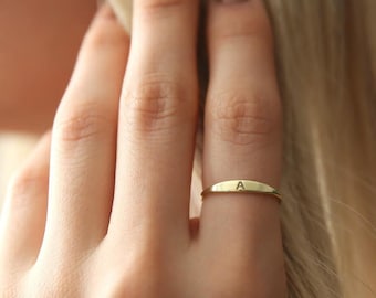 14k Gold Silver and Rose Initial Signet Ring, Personalized in Sterling, Letter Best Friend Gift, QW09