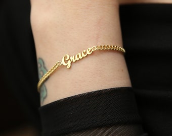 14K Gold Name Bracelet with Curb Chain, Personalized Gift For Mom,Mothers Day Gift,Gold Name Bracelet,Bridesmaid Gift,QW27