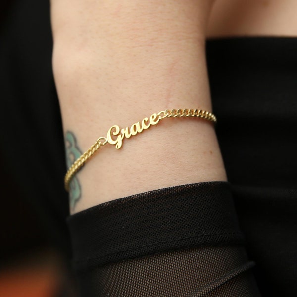 14K Gold Name Bracelet with Curb Chain, Personalized Gift For Mom,Mothers Day Gift,Gold Name Bracelet,Bridesmaid Gift,QW27