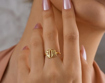 Sterling Silver Monogram Initial Ring, Personalized Dainty Ring, Custom Letter Ring Silver, Gold, Rose Gold, QW06