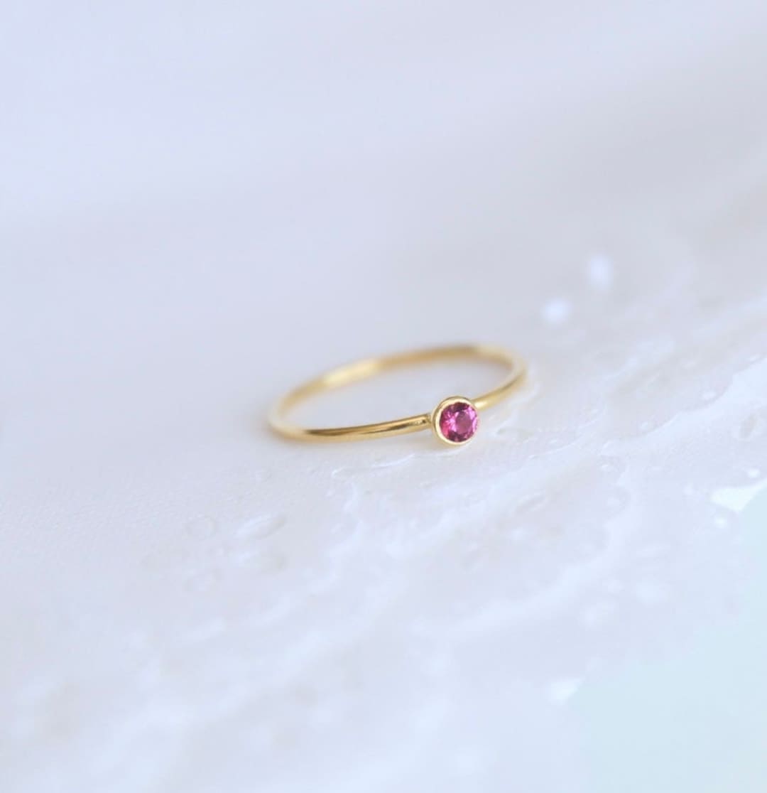 14K Solid Gold Birthstone Ring, Dainty Gemstone Band, Minimalist ...