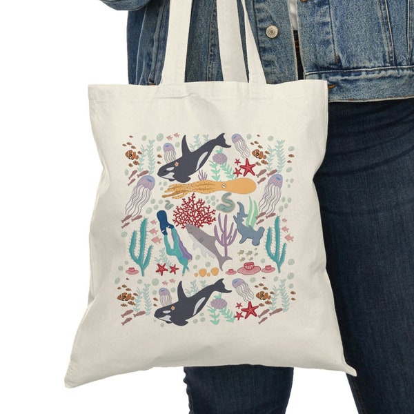 Blue Ocean Sea Creatures Tote, Conservation Graphic Bag, Save The Oceans, Ocean Lover Gift, Mariene Biologie, Oceaandieren Tote Bag