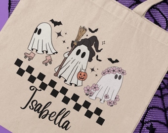 Personalized Halloween Tote Bag Customized Pumpkin Witch Black Cat Castle Skeleton Ghost Canvas Tote Bag for Trick or Treat Goodie Gift Bags