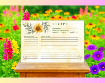 Tarjeta de receta de girasol: Diseño imprimible moderno (4x6, descarga digital)