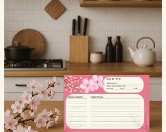 Tarjeta de receta japonesa de flor de cerezo: Diseño imprimible moderno (10x15 cm, descarga digital)