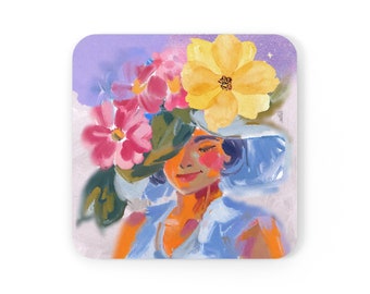 Woman and Flower Cork Back Coaster | Gift for Floral Lovers | Retro Vintage Female Art