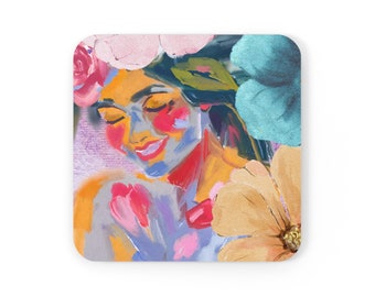 Woman and Flower Square Cork Back Coaster | Gift for Floral Lovers | Retro Vintage Female Art