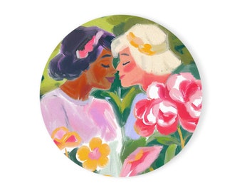 Lovers and Flower Round Cork Back Coaster | Gift for Floral Lovers | Retro Vintage Female Art | Gift for Girlfriend and Wifey