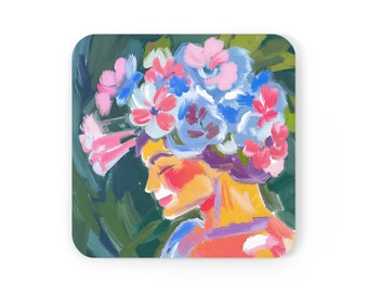 Woman and Flower Square Cork Back Coaster | Gift for Floral Lovers | Retro Vintage Female Art