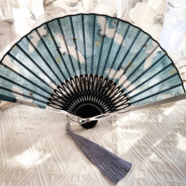 Blue crane Folding fan,Antiquity Classic Hand fan, Best Thanksgiving gift, House decoration