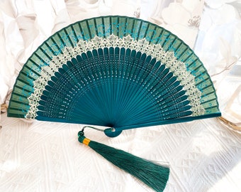 Elegant Green Folding fan, Classic hand fan, Christmas gift, Best Thanksgiving gift, House decoration