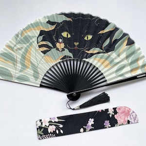 Beautiful Japanese Style Folding Fan, Cat Pattern Hand Fan, Elegant ...
