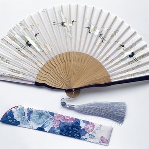 Beautiful White crane hand fan, Cloud Pattern Folding fan, Wedding gift, Parents gift