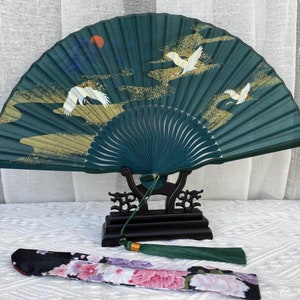 Beautiful crane Folding fan, Best Thanksgiving gift,Green elegant Folding fan,Parents gift