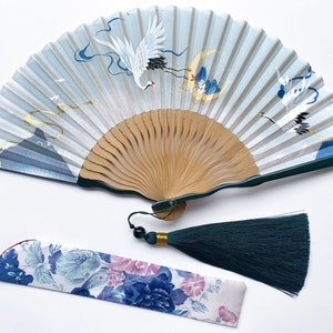 Beautiful Crane moon pattern Folding fan, Elegant bird Folding fan,Parents gift