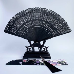 Black Hand Fan with beautiful Peacock Motif, Handheld Folding Fan