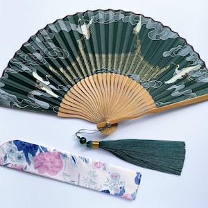 Beautiful Dark green crane Folding fan, Elegant Classic Hand fan, Best Thanksgiving gift, House decoration