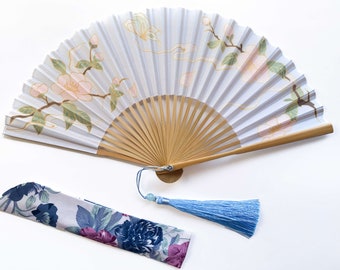 White Elegant Folding fan, Butterfly and Flower hand fan, Parents gift, House decoration