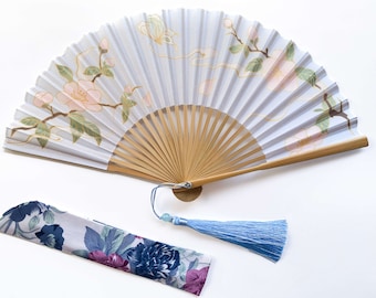 White Elegant Folding fan, Butterfly and Flower hand fan, Parents gift, House decoration