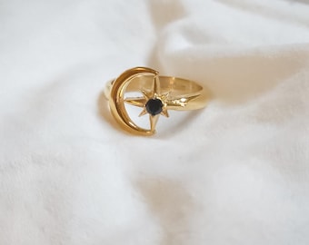 JUNO Black Spinel Ring, Waterproof, gemstone ring, Hypoallergenic, gifts for her, statement ring, cute jewelry, moon and star, 18k gold PVD.