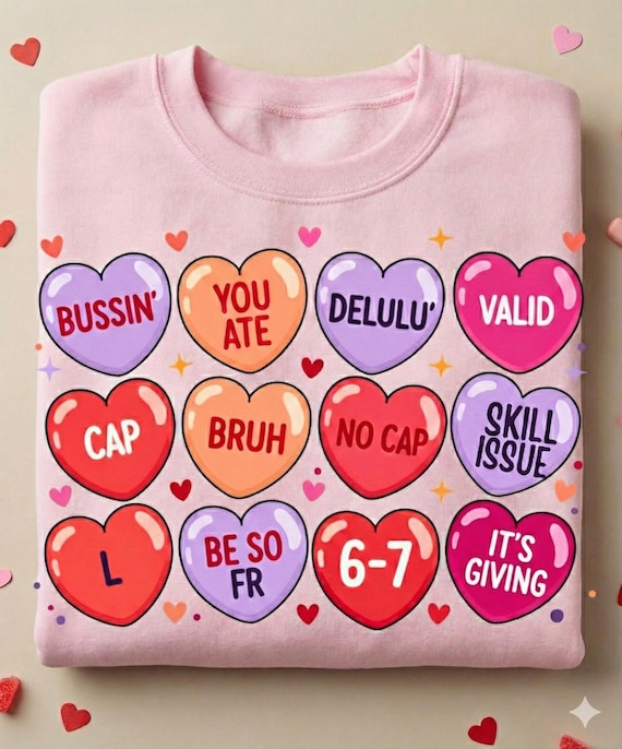 Gen Z Conversation Hearts PNG, Valentine Slang Candy Hearts Design, Trendy Youth Valentine Shirt PNG, No Rizz Mid Bet Bussin PNG, 3oo dpi