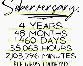May include: Black and white text graphic that reads "Sobriversary: 4 years, 48 months, 1460 days, 35,063 hours, 2,103,796 minutes, but who's counting?"