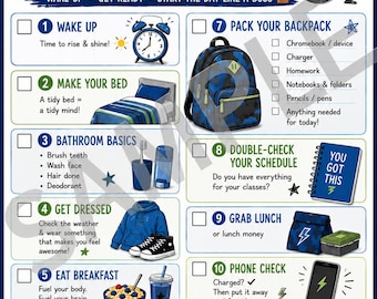 Puede incluir: Un póster de lista de verificación matutina para el regreso a clases con once pasos numerados e ilustraciones que incluyen una cama, mochila, bolsa de almuerzo y botella de agua. El texto incluye 'Back-to-School Morning Checklist' y 'You're going to rock this day!'