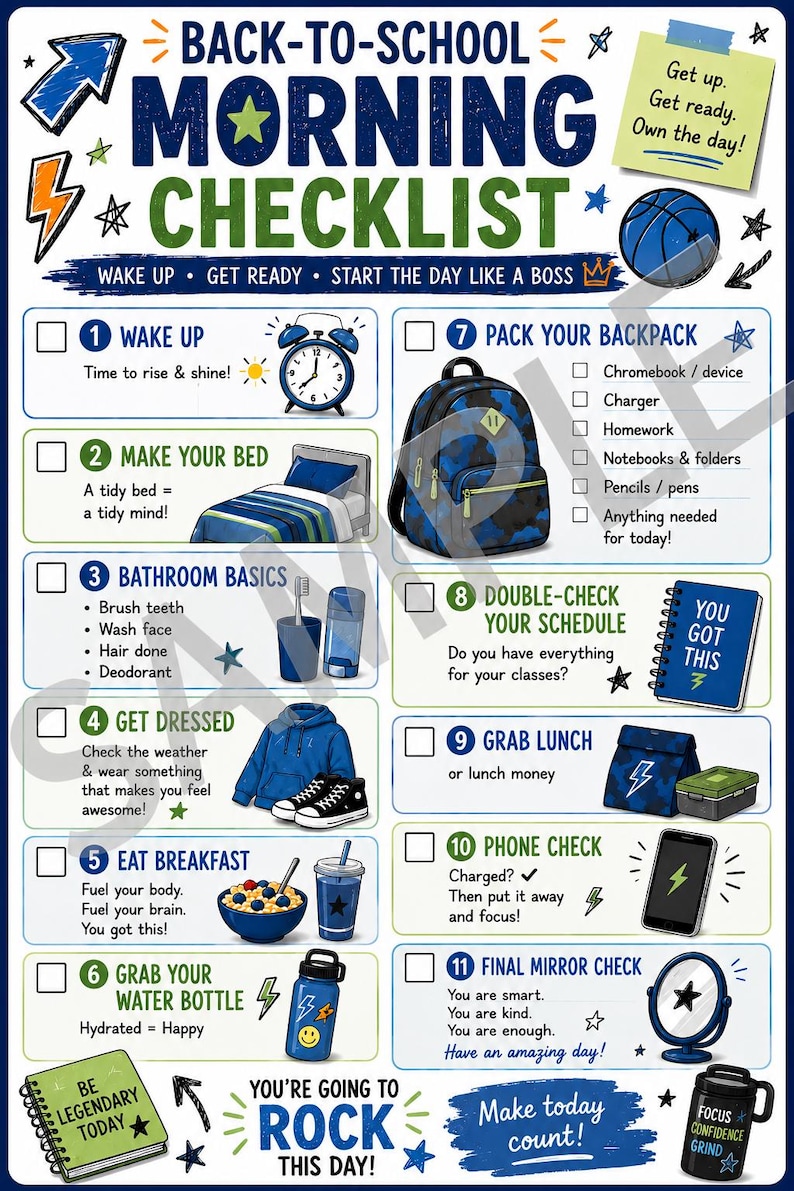 Puede incluir: Un p&oacute;ster de lista de verificaci&oacute;n matutina para el regreso a clases con once pasos numerados e ilustraciones que incluyen una cama, mochila, bolsa de almuerzo y botella de agua. El texto incluye 'Back-to-School Morning Checklist' y 'You're going to rock this day!'