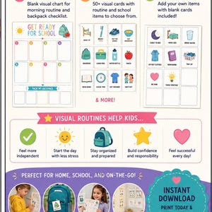 Puede incluir: Un conjunto de tablas de rutina visual que incluye una lista de verificación Get Ready For School, más de 50 tarjetas recortables con iconos para tareas diarias como cepillarse los dientes y preparar la mochila, y tarjetas en blanco.