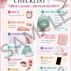 Puede incluir: Una lista de verificación matutina para el regreso a clases con once pasos numerados e ilustraciones que incluyen una mochila color menta, un despertador, un tazón de desayuno y papelería. El texto incluye frases como Get up. Get ready. Own the day!
