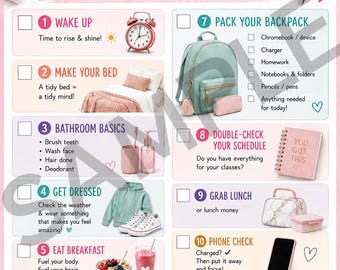 Puede incluir: Una lista de verificación matutina para el regreso a clases con once pasos numerados e ilustraciones que incluyen una mochila color menta, un despertador, un tazón de desayuno y papelería. El texto incluye frases como Get up. Get ready. Own the day!