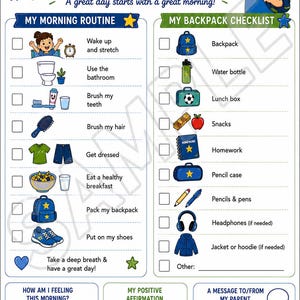 Puede incluir: Una lista de verificaci&oacute;n matutina para ni&ntilde;os con un ni&ntilde;o de dibujos animados, un sol y dos columnas tituladas My Morning Routine y My Backpack Checklist. El gr&aacute;fico incluye casillas de verificaci&oacute;n, iconos coloridos, un rastreador de estado de &aacute;nimo y notas.