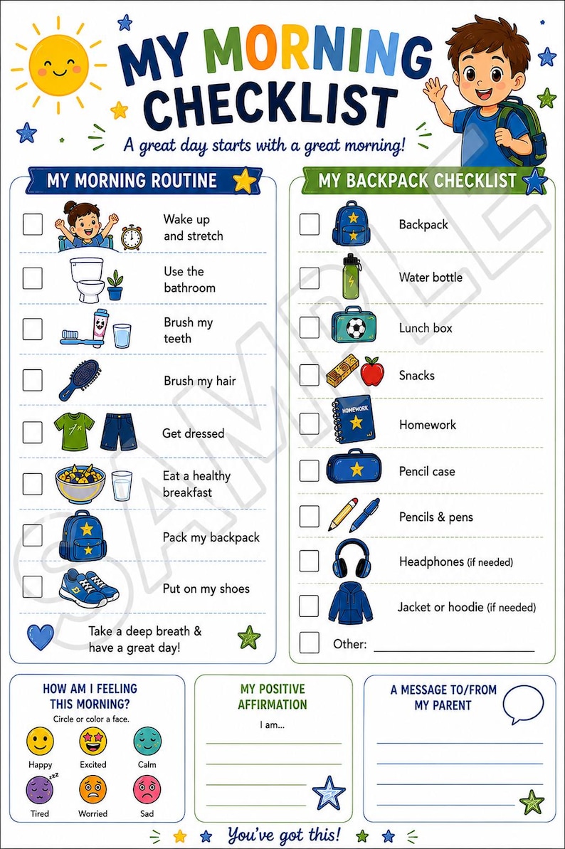 Puede incluir: Una lista de verificaci&oacute;n matutina para ni&ntilde;os con un ni&ntilde;o de dibujos animados, un sol y dos columnas tituladas My Morning Routine y My Backpack Checklist. El gr&aacute;fico incluye casillas de verificaci&oacute;n, iconos coloridos, un rastreador de estado de &aacute;nimo y notas.