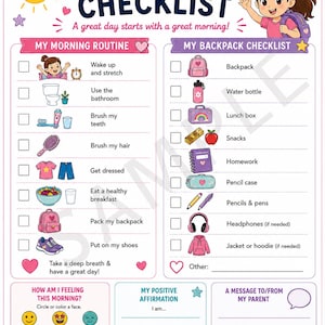 Puede incluir: Una lista de control matutina colorida con una niña dibujada, un sol amarillo e iconos para tareas diarias. El texto incluye My Morning Checklist, My Morning Routine, My Backpack Checklist, How Am I Feeling This Morning y You've got this!