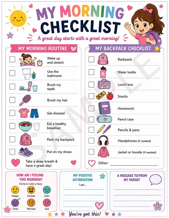 School Age Morning Checklist/Routine - Boys & Girls