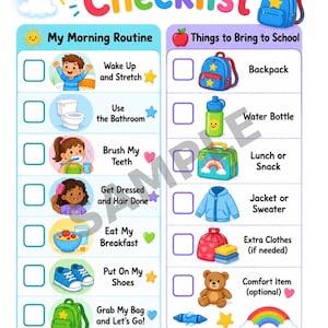 Puede incluir: Una colorida lista de verificación My Morning Checklist con dos columnas de tareas y artículos para llevar a la escuela. Incluye ilustraciones de sol, mochila, botella de agua, lonchera, ropa y un oso de peluche, con etiquetas de texto.