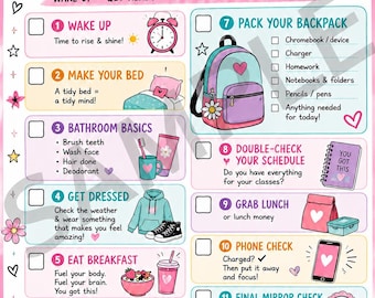 Puede incluir: Un póster de lista de verificación matutina para el regreso a clases con once pasos numerados e ilustraciones coloridas como una mochila, un despertador y artículos de papelería. El texto incluye 'BACK-TO-SCHOOL MORNING CHECKLIST', 'WAKE UP', 'MAKE YOUR BED', 'BATHROOM BASICS', 'GET DRESSED', 'EAT BREAKFAST', 'GRAB YOUR WATER BOTTLE', 'PACK YOUR BACKPACK', 'DOUBLE-CHECK YOUR SCHEDULE', 'GRAB LUNCH', 'PHONE CHECK', 'FINAL MIRROR CHECK' y 'CONFIDENT GIRLS. BRIGHT FUTURES. YOU GOT THIS!'