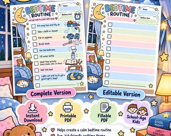 Puede incluir: Una lista de verificación digital de rutina para dormir con dos versiones, completa y editable, con ilustraciones en tonos pastel de una luna, estrellas y un osito de peluche. El texto incluye Bedtime Routine Checklist, 2 Versions Included y varias descripciones de tareas como Put away toys and tidy up, Take a bath or shower y Brush teeth.