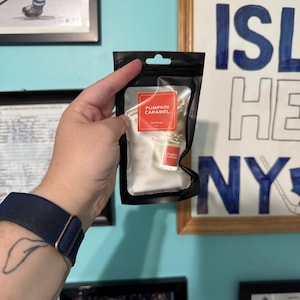 May include: A black car air freshener package containing a small, white, cup-shaped diffuser with gold accents and a red label that reads "Pumpkin Caramel". The package is held in front of a teal wall with framed pictures.