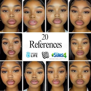 May include: A collage of 20 images featuring close-up photos of a person's face with different makeup looks. The images are arranged in a grid of 3 rows and 4 columns. The text "20 References" is displayed in the center of the image. The logos for Second Life, i'm in, and The Sims 4 are displayed below the text.