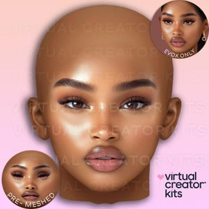 Op de afbeelding: Een close-up van een vrouwengezicht met make-up, inclusief oogschaduw, eyeliner en lippenstift. Het gezicht is bruin en heeft een natuurlijke glans. De afbeelding is een digitale illustratie.