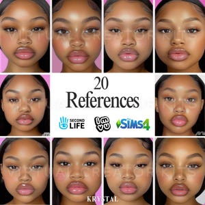 May include: A collage of 20 images featuring a woman with dark skin and full lips. The images show different angles of her face and various lip colors. The text "20 References" is in the center of the collage, with logos for Second Life, IMVU, and The Sims 4 below it. The text "Krystal" is at the bottom of the collage.