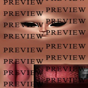 May include: A close-up of a doll's face with dark eyes and a light pink complexion. The doll's mouth is slightly open, revealing a pink tongue. The background is a blurry image of the word "PREVIEW" repeated multiple times.