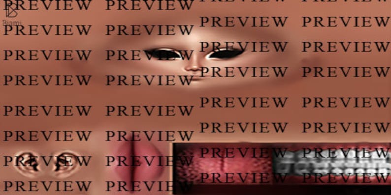 May include: A close-up of a doll's face with dark eyes and a light pink complexion. The doll's mouth is slightly open, revealing a pink tongue. The background is a blurry image of the word "PREVIEW" repeated multiple times.