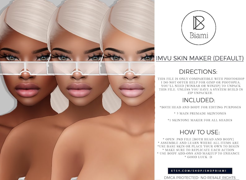 May include: A digital illustration of three women with different skin tones wearing white sunglasses. The image includes text that reads "IMVU Skin Maker (Default)", "Directions", "Included", "How to Use", "Etsy.com/shop/shopbiami", and "DMCA Protected - No Resale Rights".
